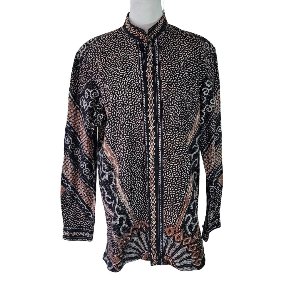 Lotus‎ Size EST M	Mixed Pattern Long Sleeve Button Up Mandarin Collar Elegant